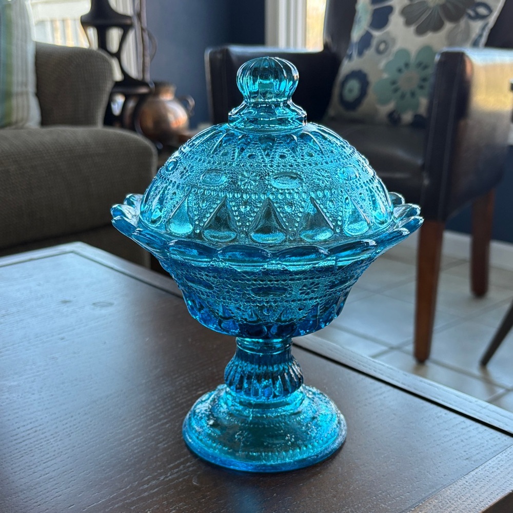Vintage Midcentury Blue Glass Candy Compote Dish With Top Lid Pedestal Bowl